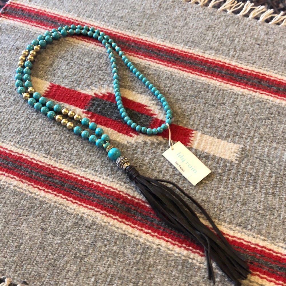 Turquoise Beaded Necklace LeatherTassel Boho Western Statement Long Necklace NWT